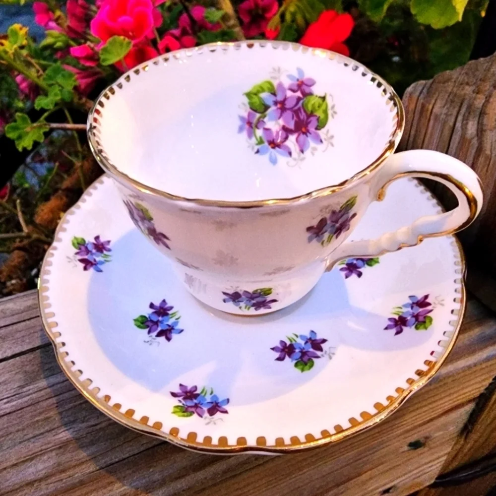 Sweet Violets Tea Cup & Saucer Royal Stafford Bone China England White Purple